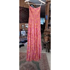 Unbranded size XS long maxi strapless summer boho hippie dress pink orange rayon